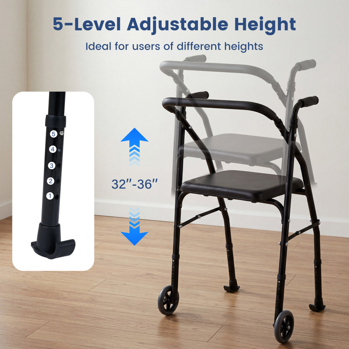 Lightweight Aluminum Mobility Walker for Seniors with 2 Wheels 5-Level Adjustable Height and Padded Seat-Black