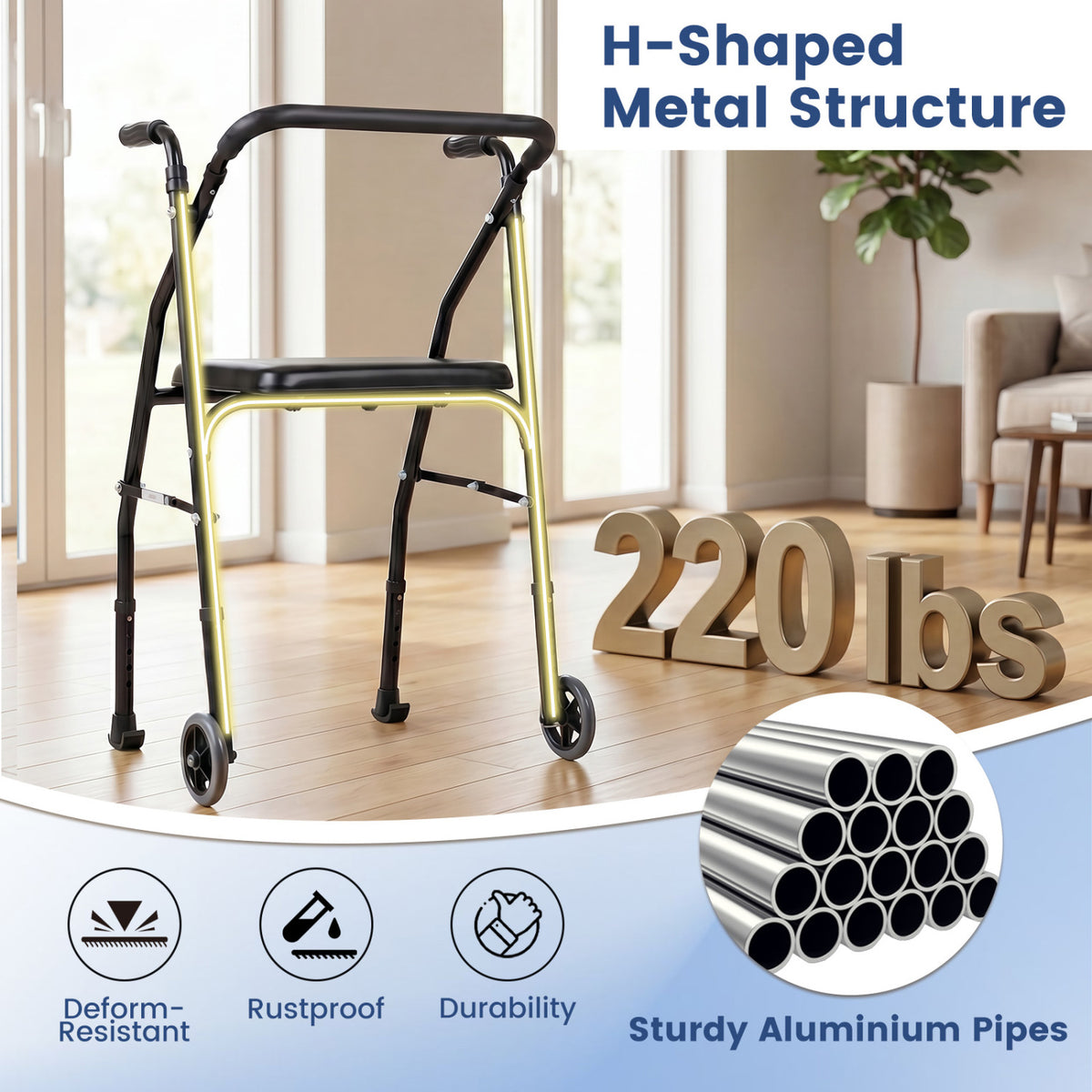Lightweight Aluminum Mobility Walker for Seniors with 2 Wheels 5-Level Adjustable Height and Padded Seat-Black