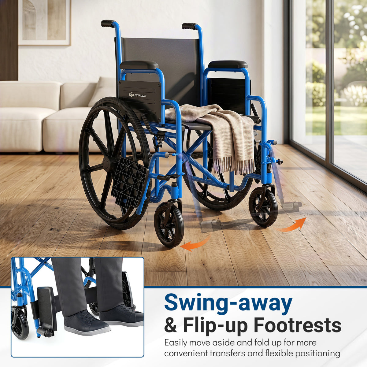Lightweight Folding Wheelchair for Adults with Swing-Away Footrest and Desk Arm-Navy