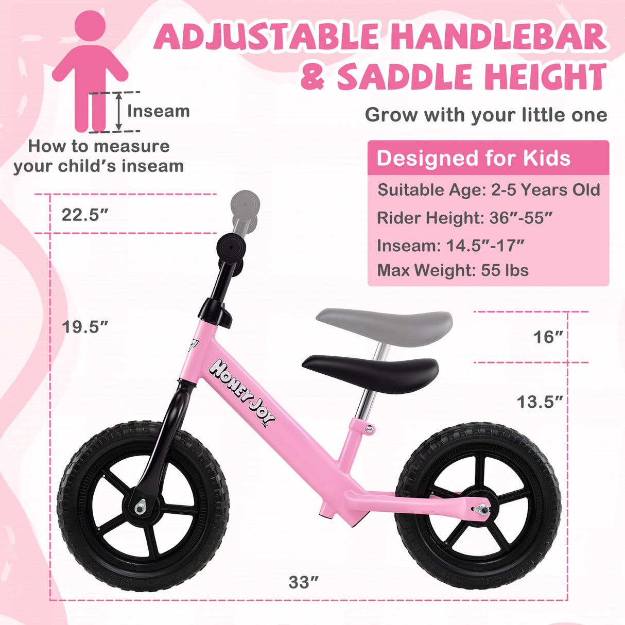 Lightweight Toddler Balance Bike No Pedal Training Bicycle-Pink