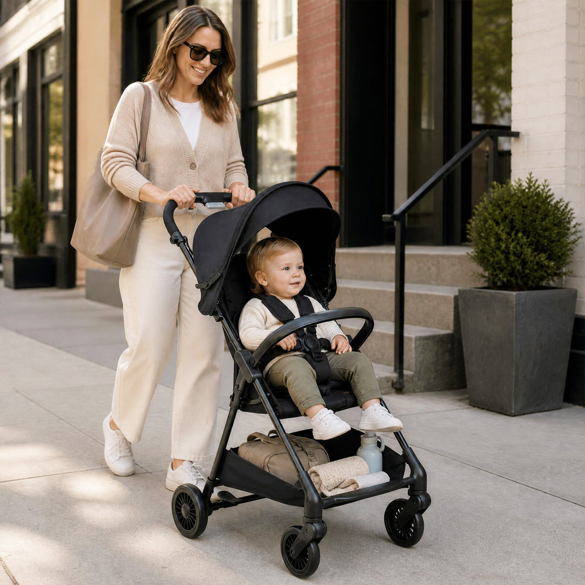 Lightweight Travel Stroller with Canopy and Under-Seat Basket for Baby and Toddler-Black