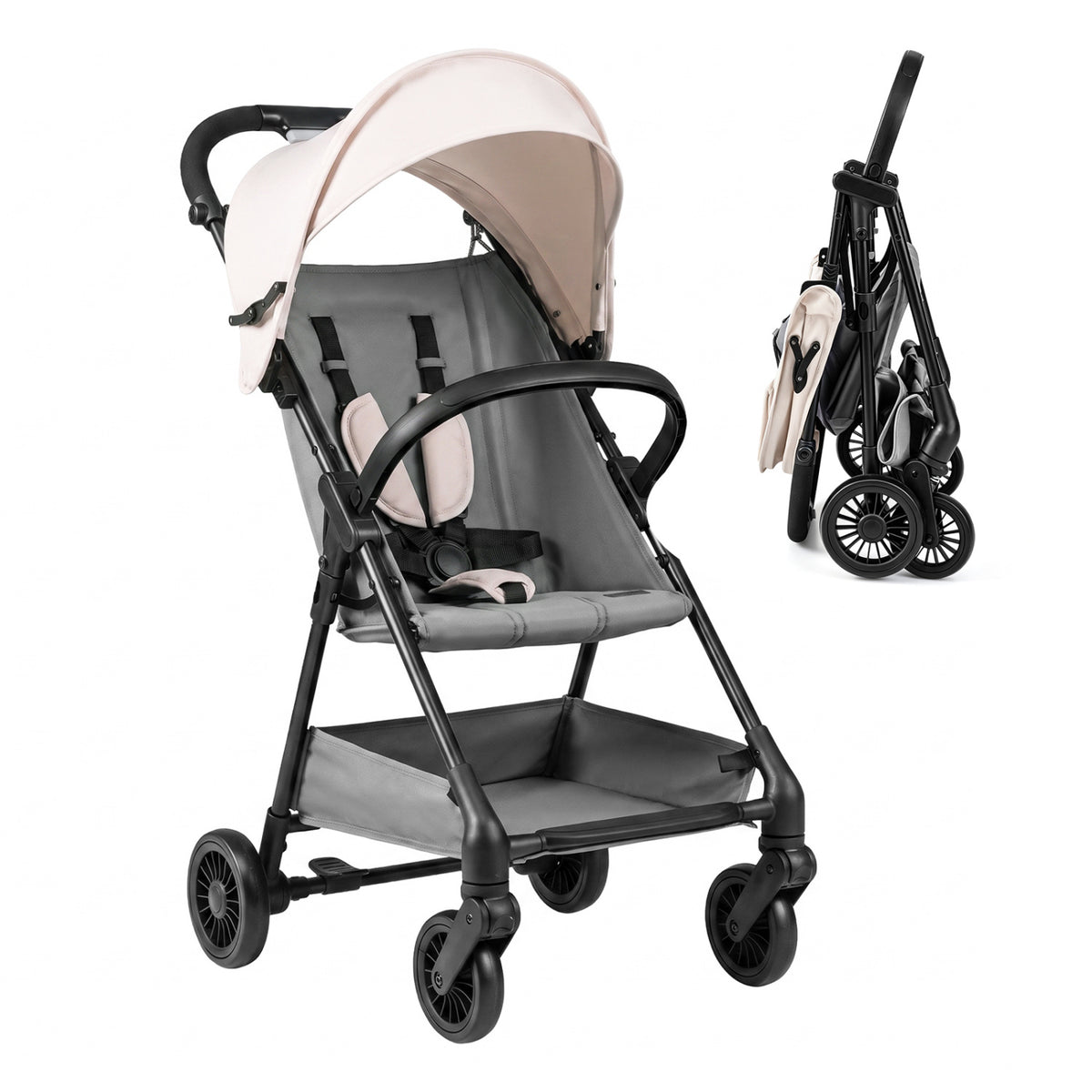 Lightweight Travel Stroller with Canopy and Under-Seat Basket for Baby and Toddler-Beige