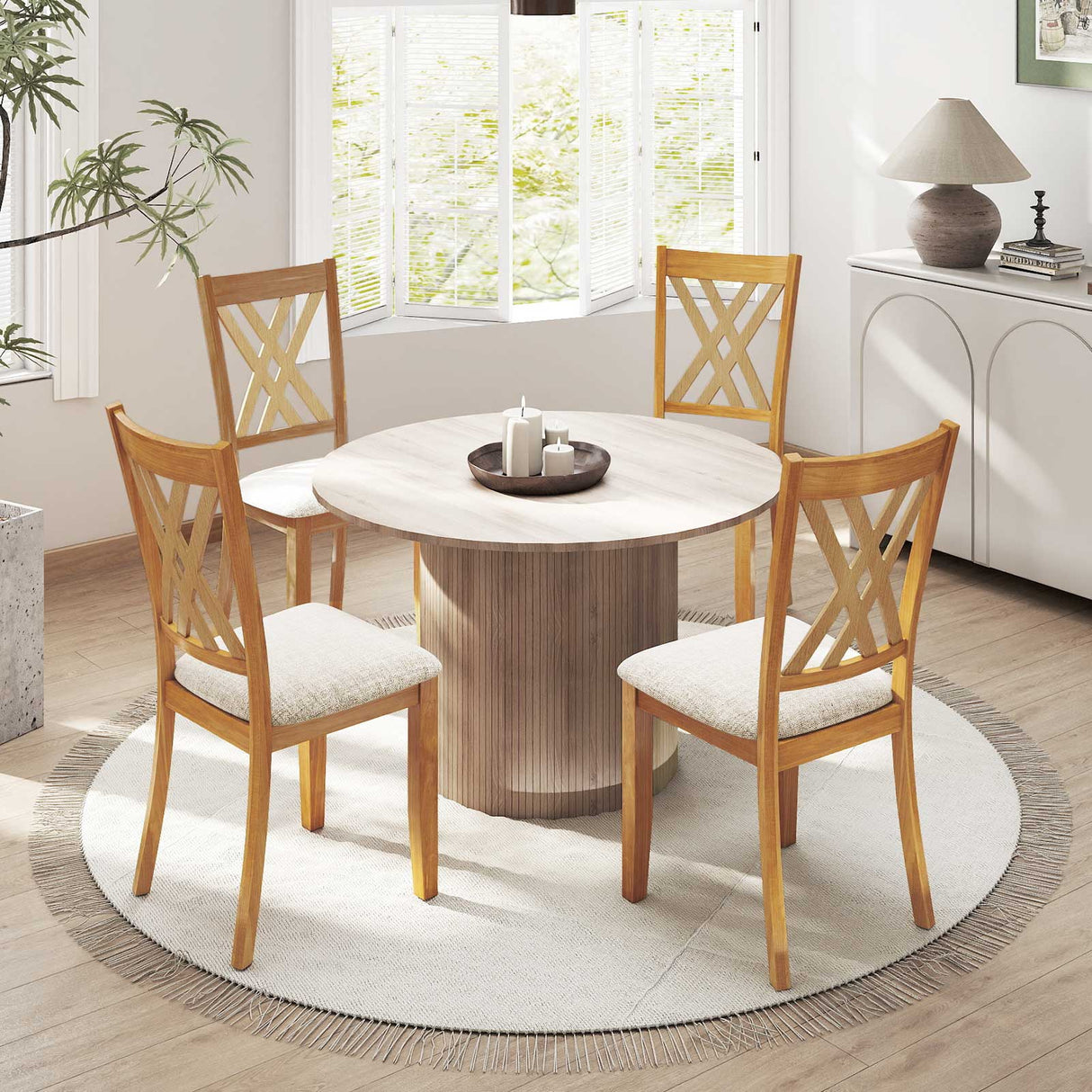 Linen Fabric Upholstered Wooden Dining Chair Set of 2 with Rubber Wood Frame for Dining Room-Natural