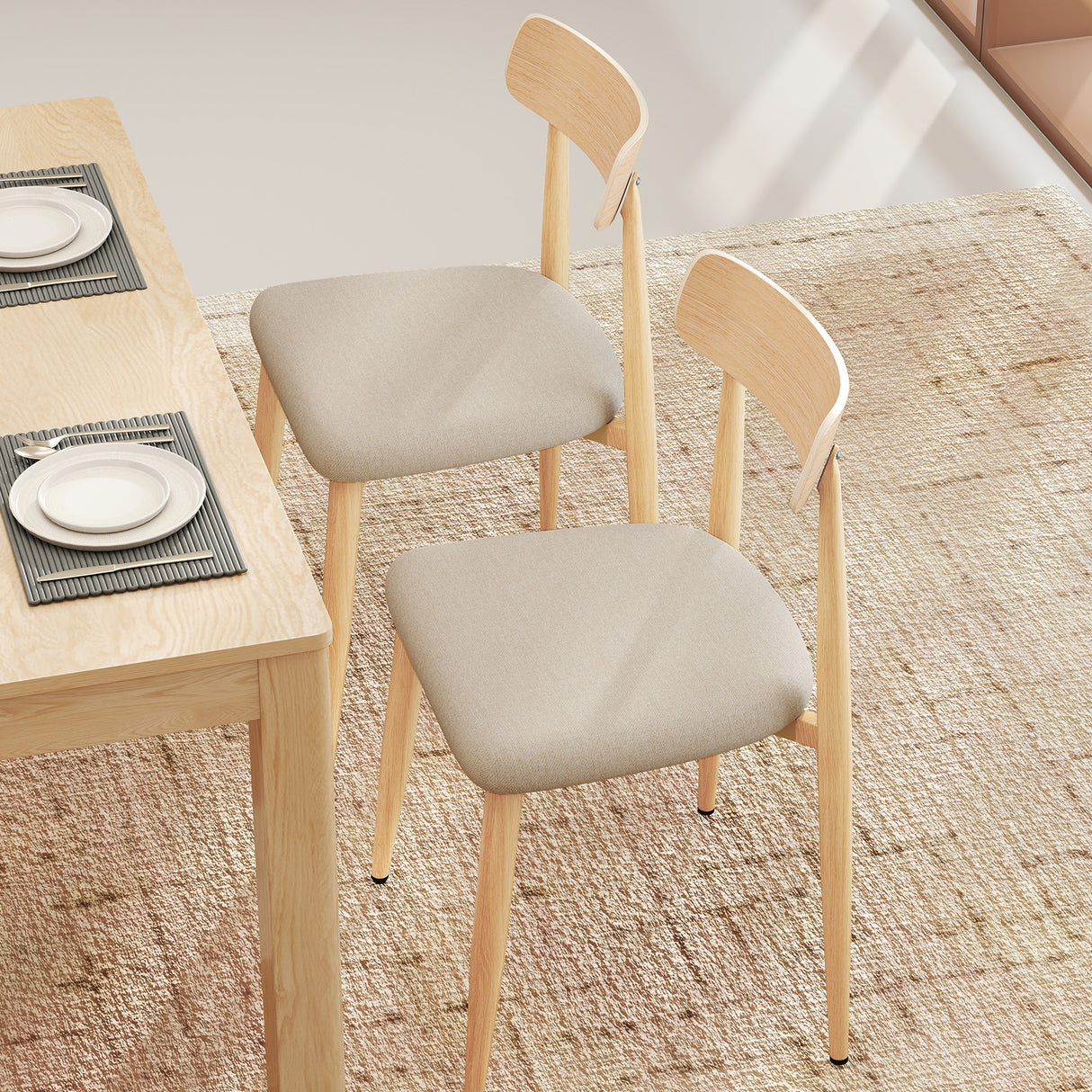 Linen Fabric Upholstered Modern Dining Chair Set of 2 with Padded Seat and Curved Back-Oak