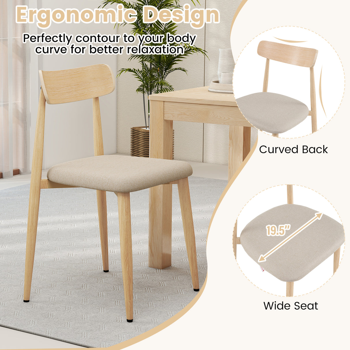 Linen Fabric Upholstered Modern Dining Chair Set of 2 with Padded Seat and Curved Back-Oak
