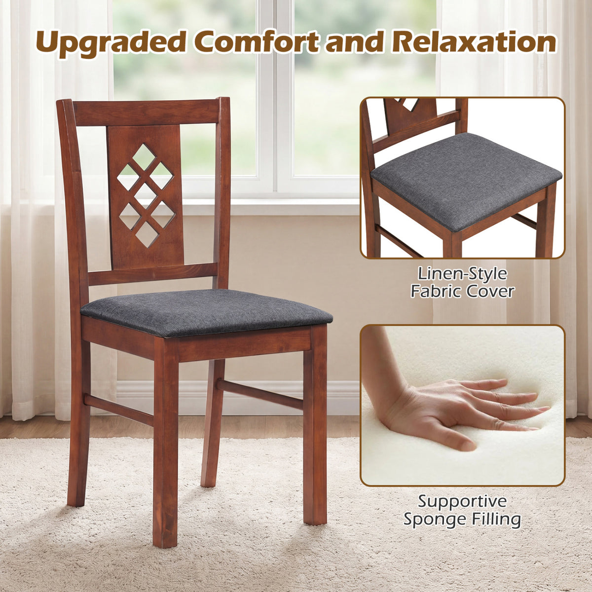 Linen Style Upholstered Kitchen Chairs with Wood Frames Set of 4-Cherry