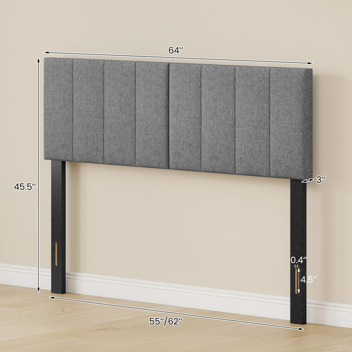 Linen Upholstered Headboard with Solid Wood Legs and Adjustable Width-Dark Gray