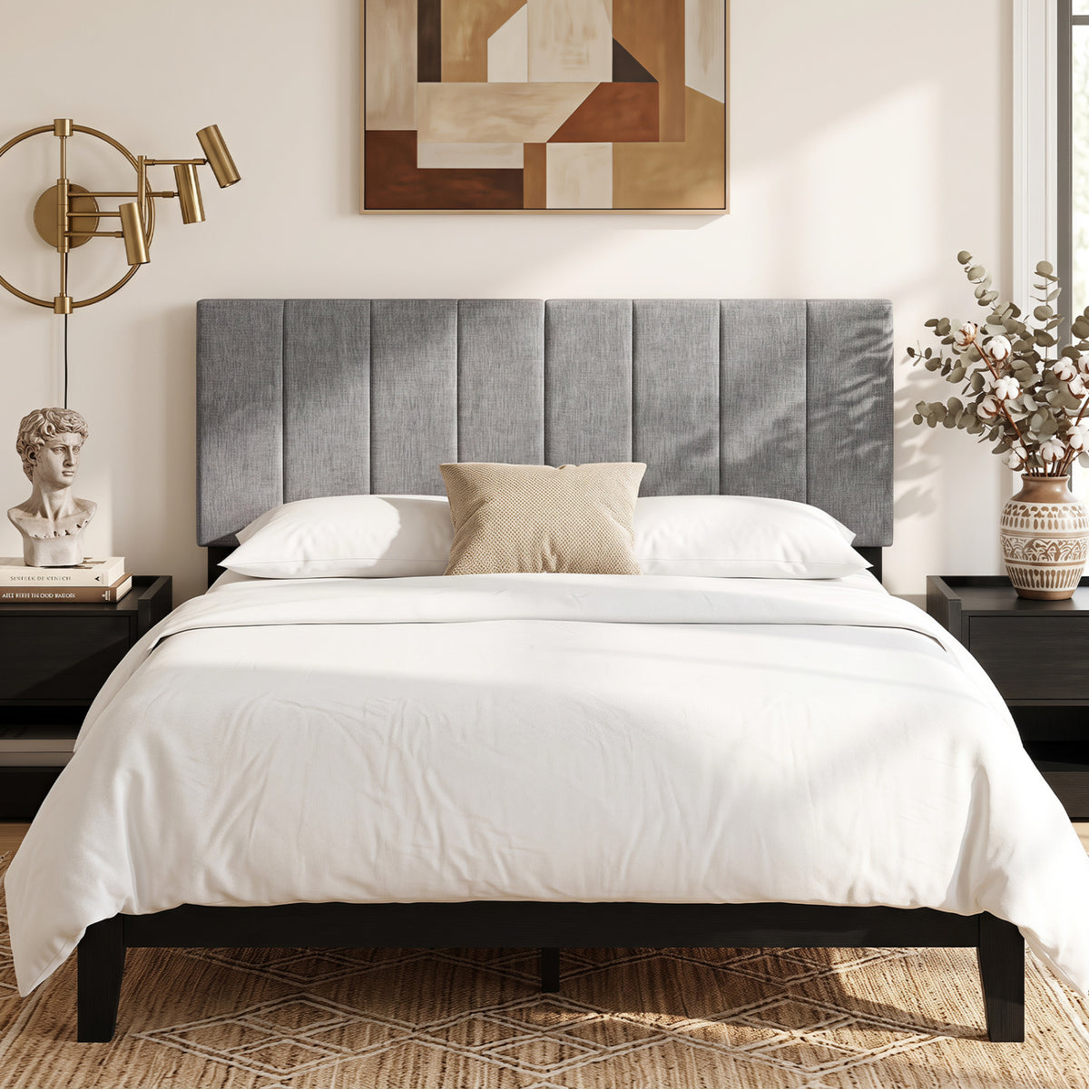 Linen Upholstered Headboard with Solid Wood Legs and Adjustable Width-Dark Gray
