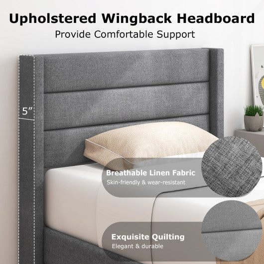 Linen Upholstered Platform Twin/Queen Bed Frame with Wingback Headboard-Twin Size
