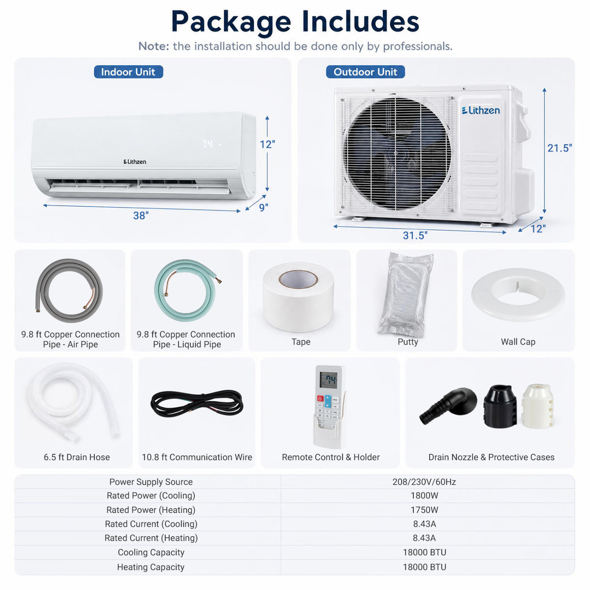 Lithzen 18000 BTU 208-230V 17 SEER2 Mini Split Air Conditioner and Heater WiFi Enabled