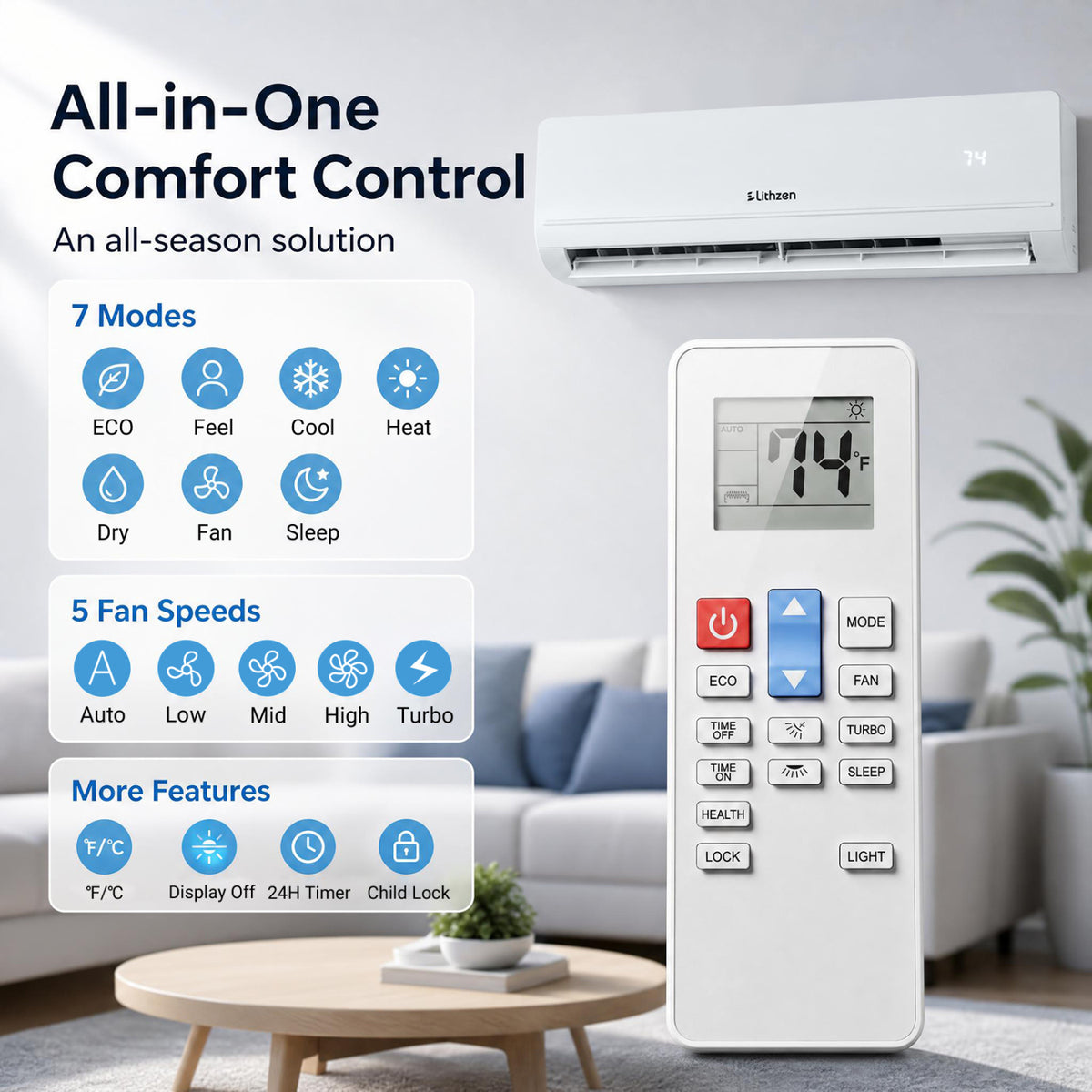 Lithzen 24000 BTU 208-230V 17 SEER2 Mini Split Air Conditioner and Heater WiFi Enabled
