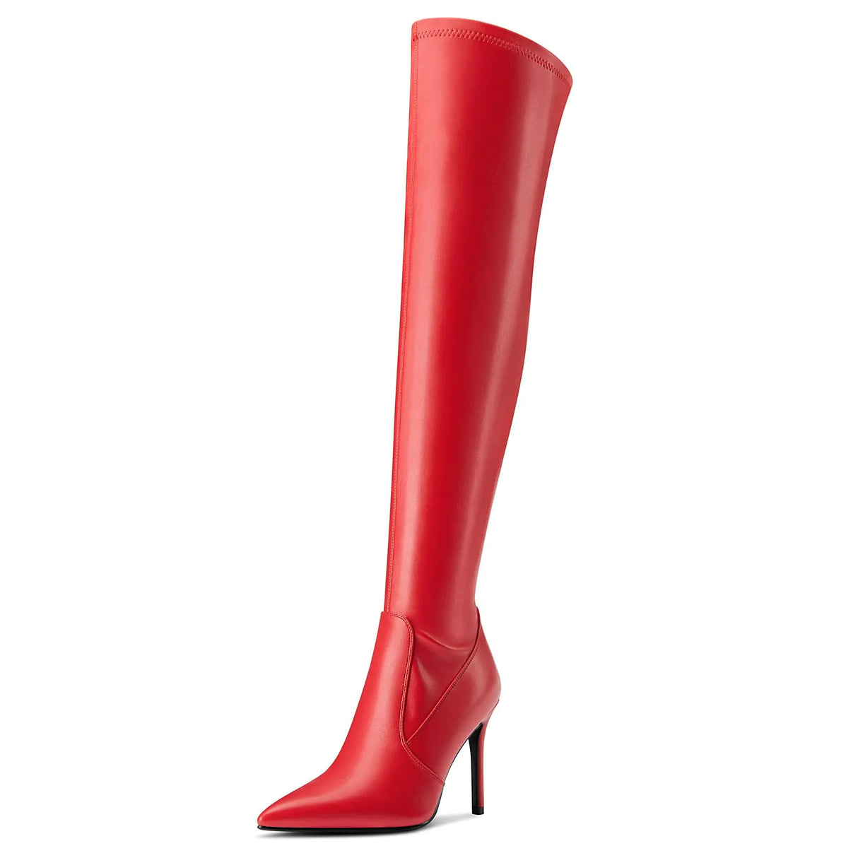 DearOnly Womens Pointed Toe Over The Knee High Boots Stiletto High Heel Wide Calf Thigh High Boots Side Zipper Long Stretch Sexy Boots 3.9 Inches Heels Red 5 M US
