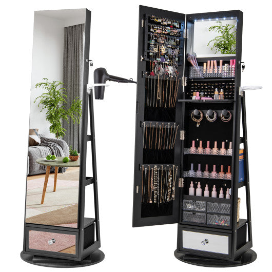 Lockable 360 ° Swivel Jewelry Cabinet with Full-Length Mirror LED Lights-Black