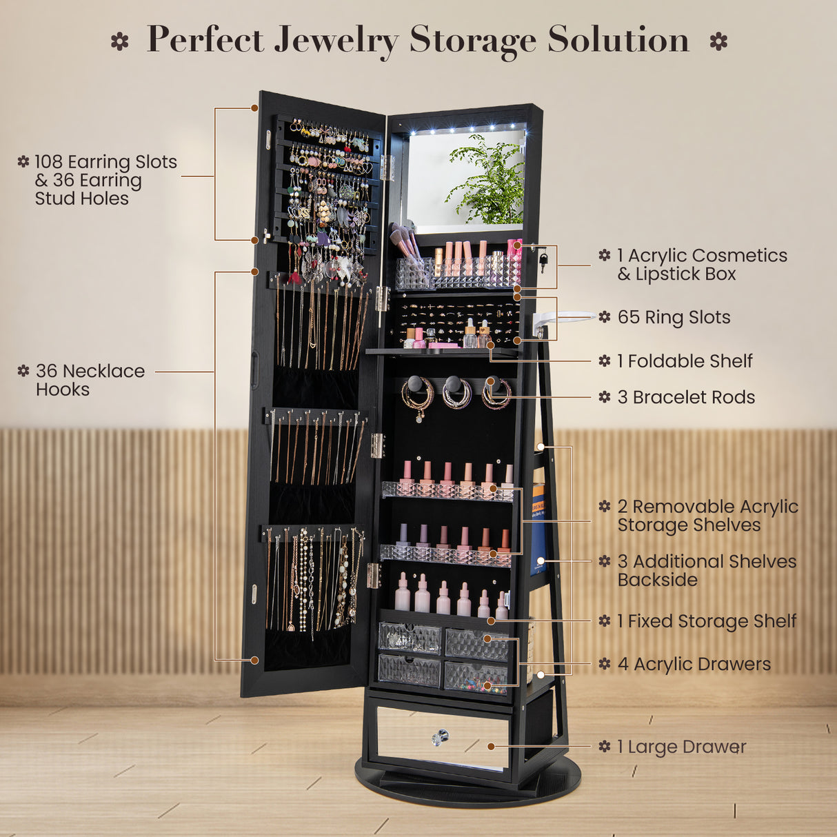 Lockable 360 ° Swivel Jewelry Cabinet with Full-Length Mirror LED Lights-Black