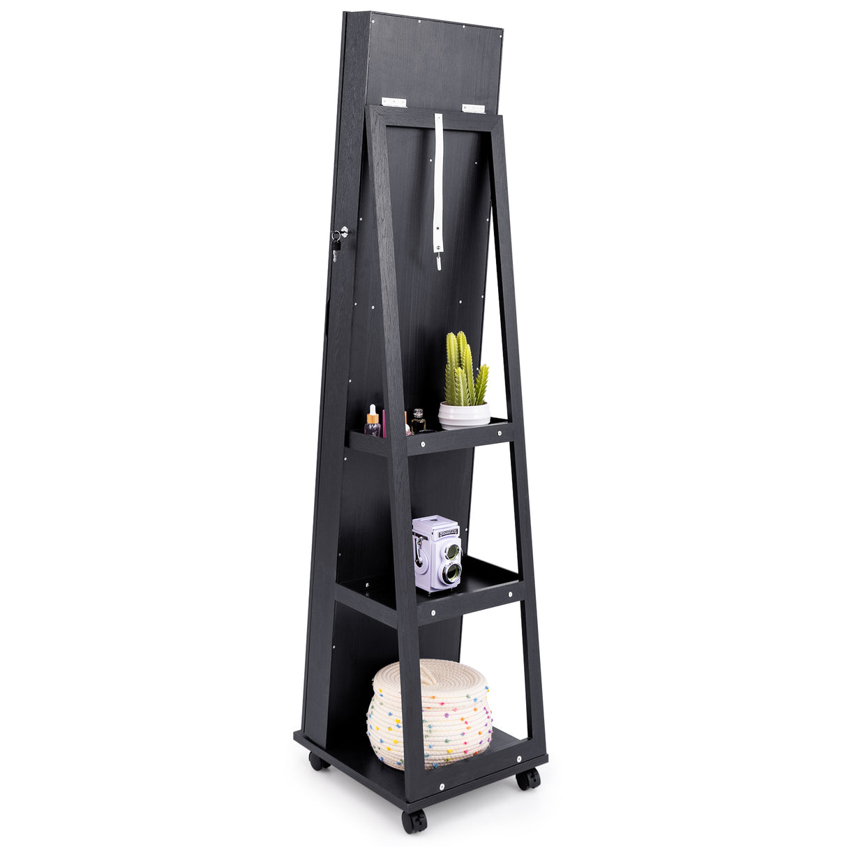 64 Inches Lockable Jewelry Cabinet Armoire with Built-in Makeup Mirror-Black