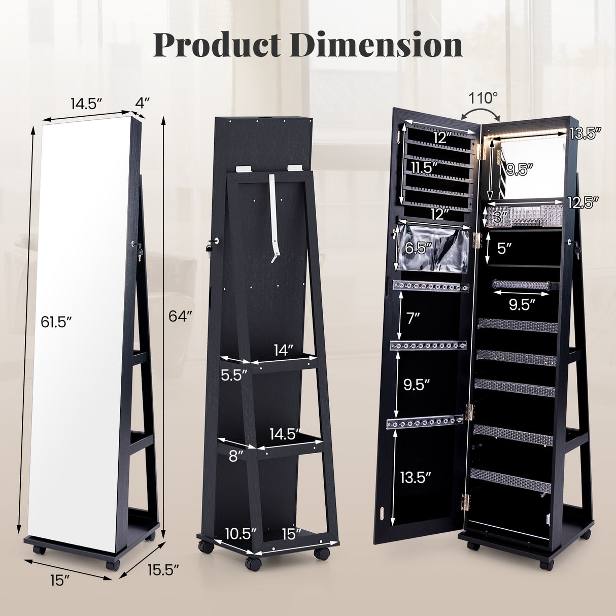 64 Inches Lockable Jewelry Cabinet Armoire with Built-in Makeup Mirror-Black