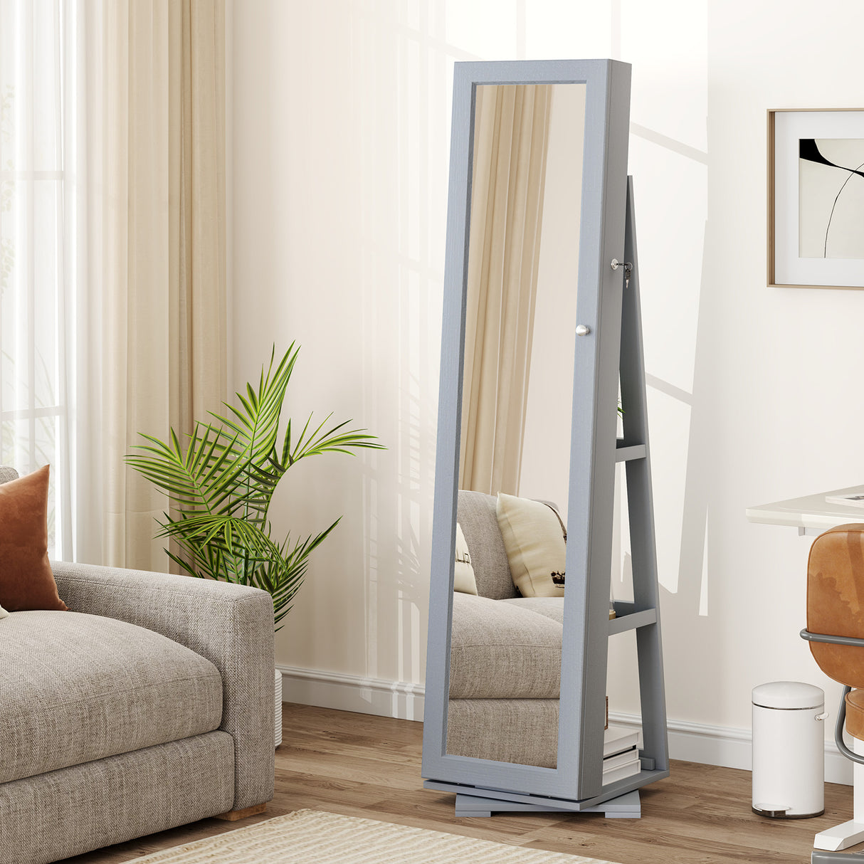 360 ° Rotatable 2-in-1 Lockable Jewelry Cabinet with Full-Length Mirror-Gray