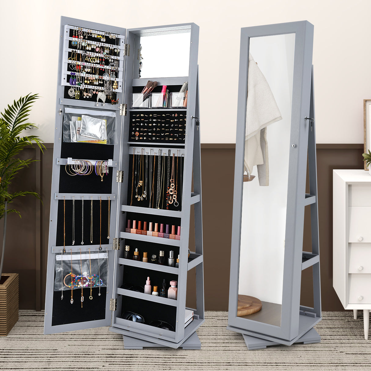360 ° Rotatable 2-in-1 Lockable Jewelry Cabinet with Full-Length Mirror-Gray