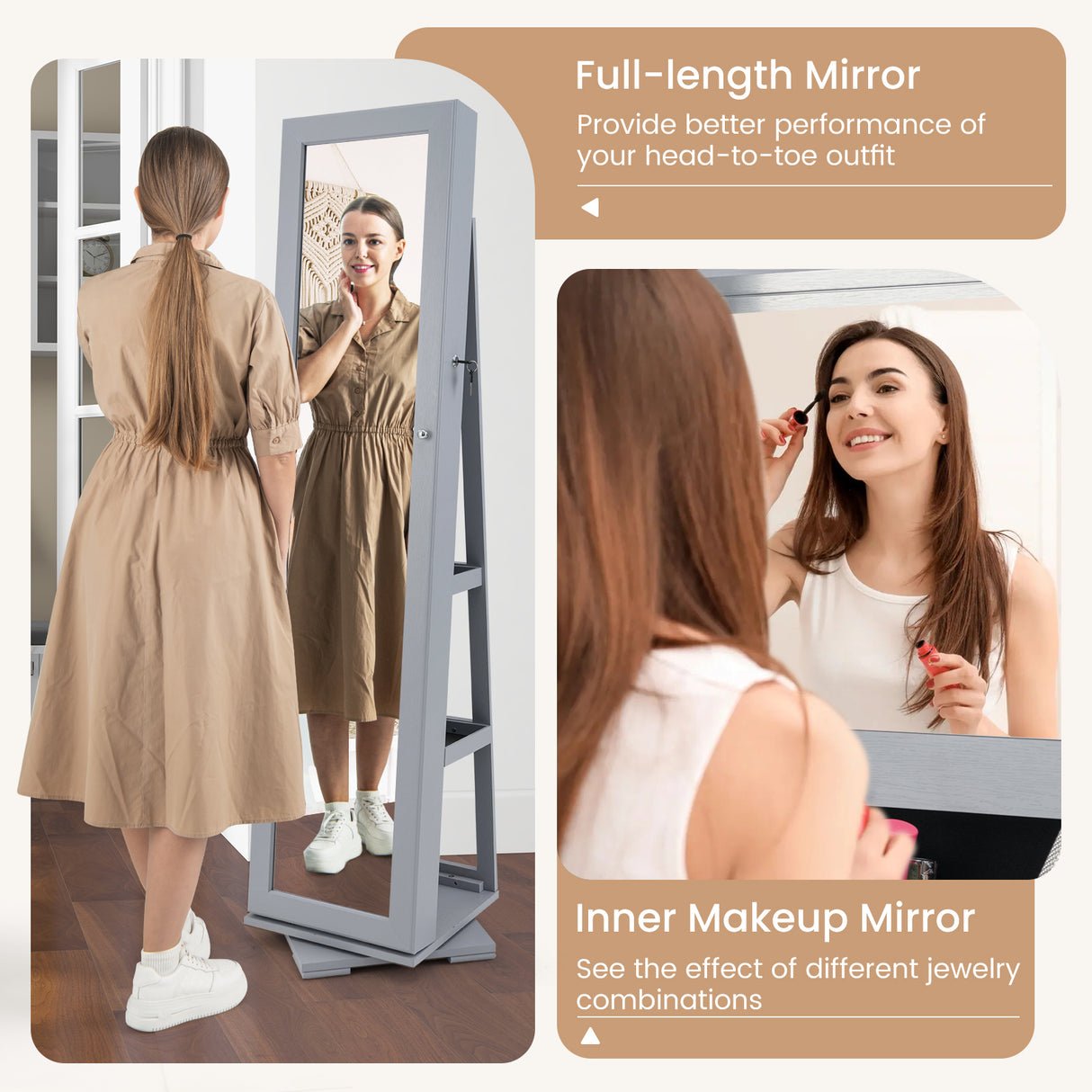 360 ° Rotatable 2-in-1 Lockable Jewelry Cabinet with Full-Length Mirror-Gray