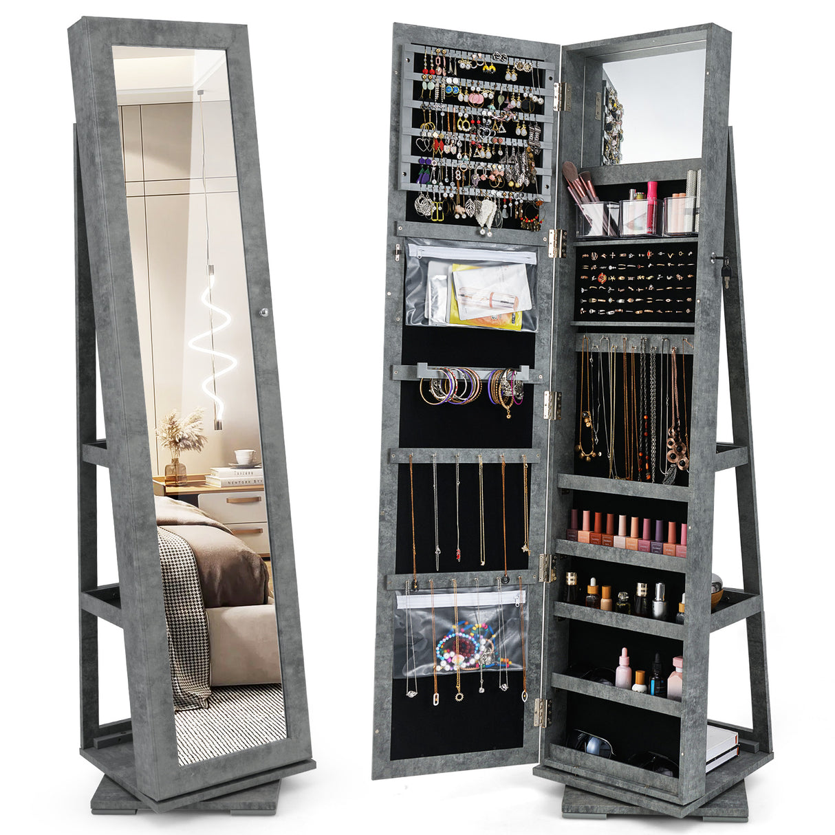 360 ° Rotatable 2-in-1 Lockable Jewelry Cabinet with Full-Length Mirror-Green