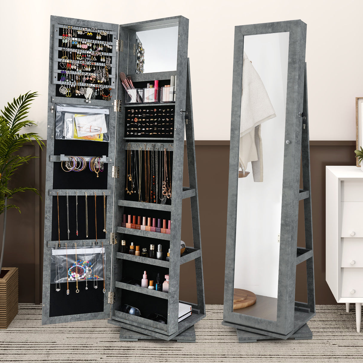 360 ° Rotatable 2-in-1 Lockable Jewelry Cabinet with Full-Length Mirror-Green