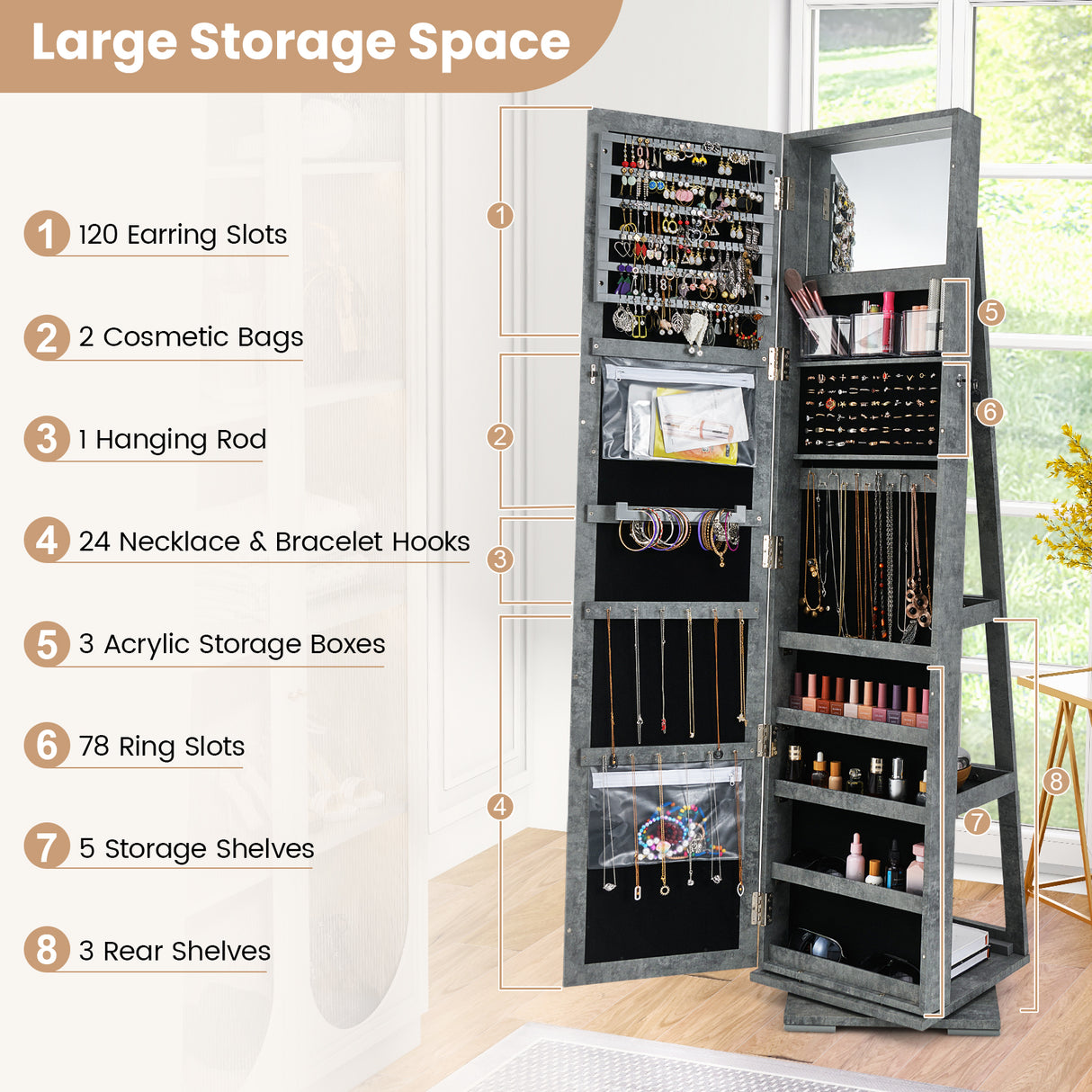 360 ° Rotatable 2-in-1 Lockable Jewelry Cabinet with Full-Length Mirror-Green