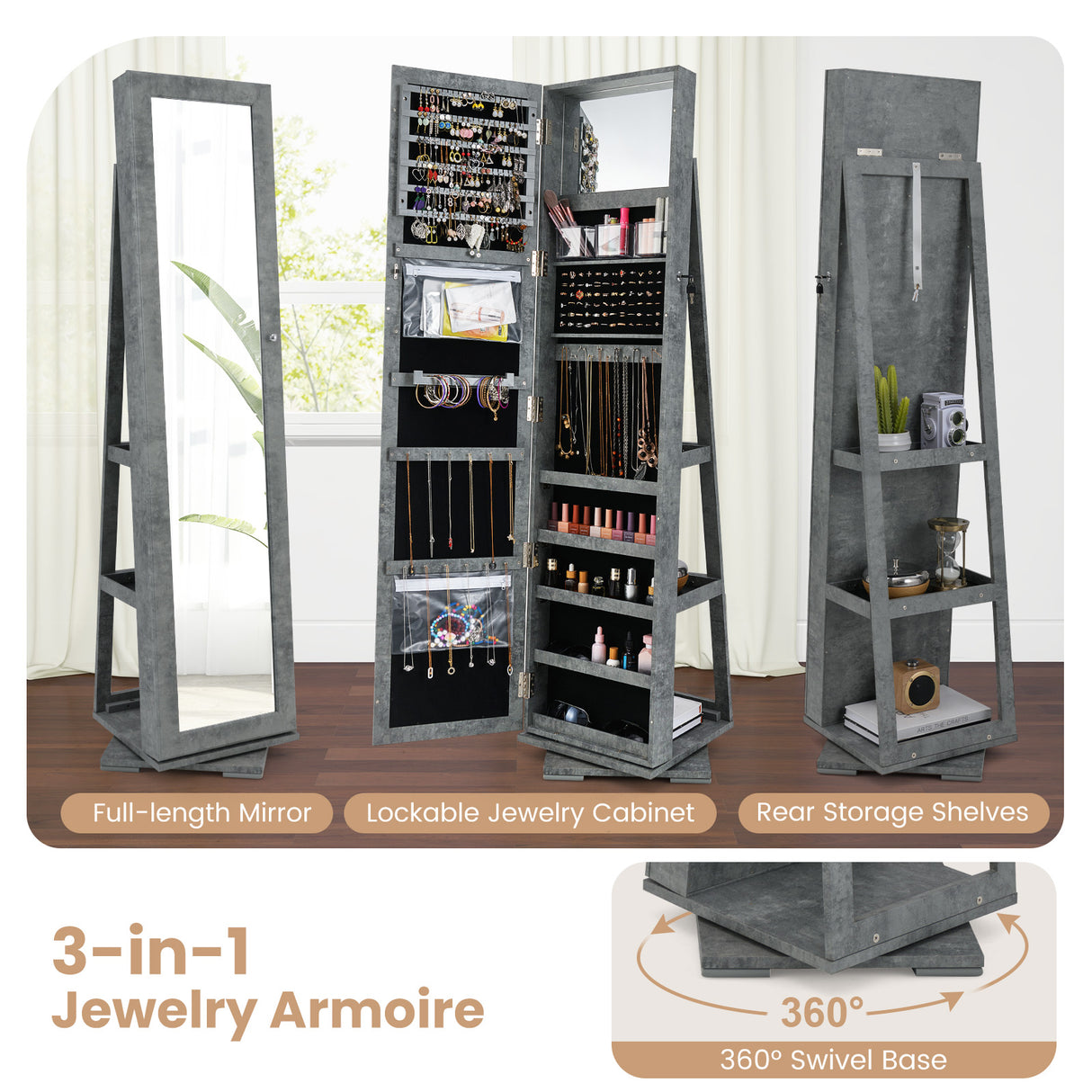 360 ° Rotatable 2-in-1 Lockable Jewelry Cabinet with Full-Length Mirror-Green