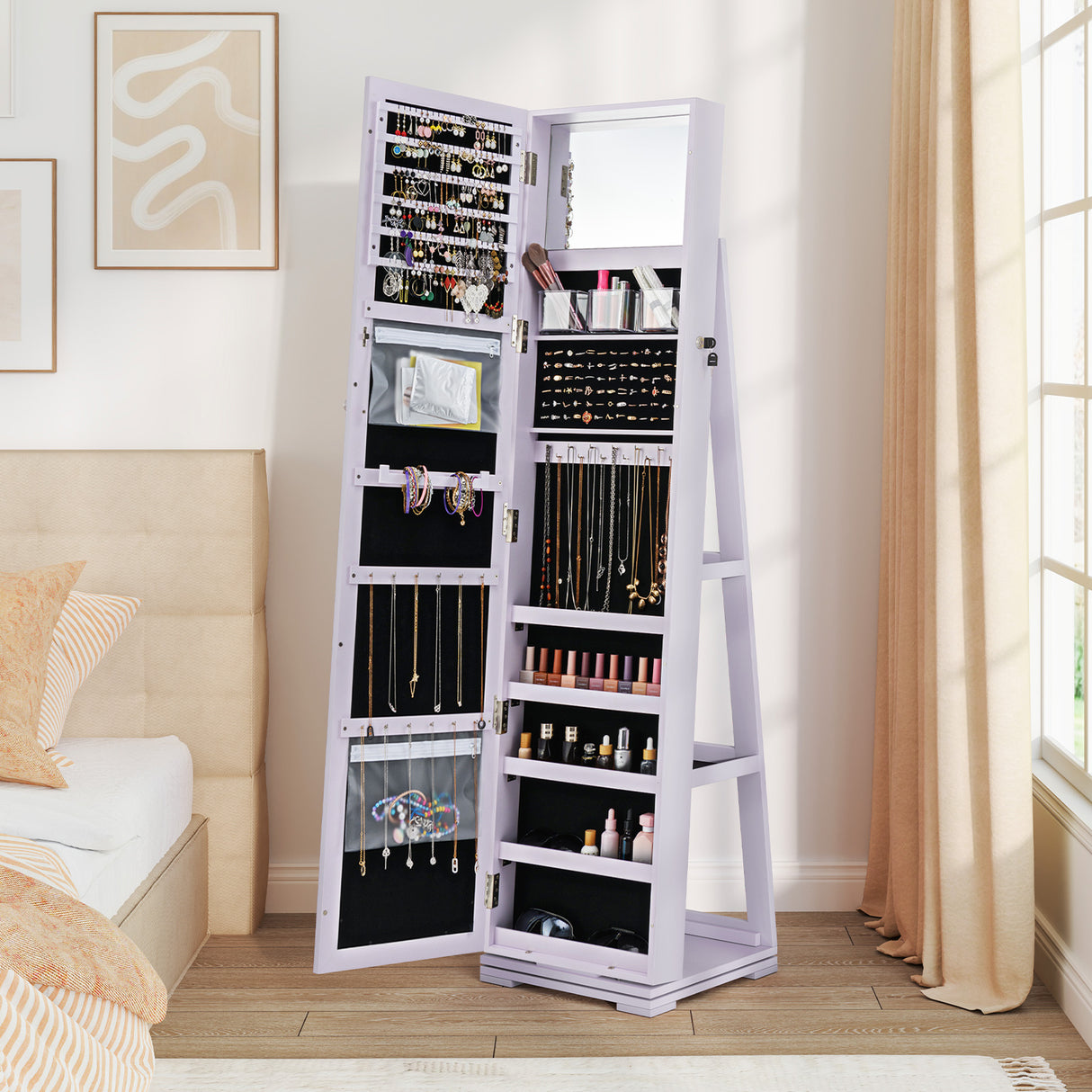 360 ° Rotatable 2-in-1 Lockable Jewelry Cabinet with Full-Length Mirror-Purple