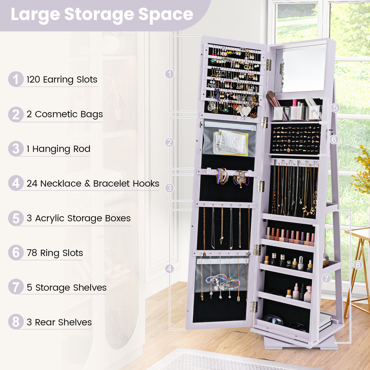 360 ° Rotatable 2-in-1 Lockable Jewelry Cabinet with Full-Length Mirror-Purple