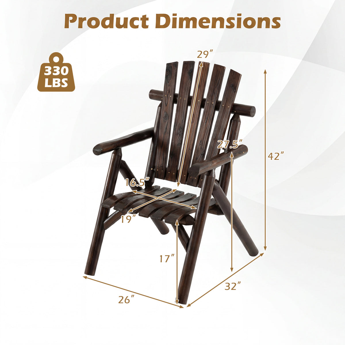 Log Wood Patio Chair with Slatted Backrest for Deck Backyard-Brown