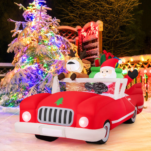 7.7 Feet Long Christmas Inflatable Santa Claus and Reindeer Riding Red Car with Gift Bag and 9 LED White Lights