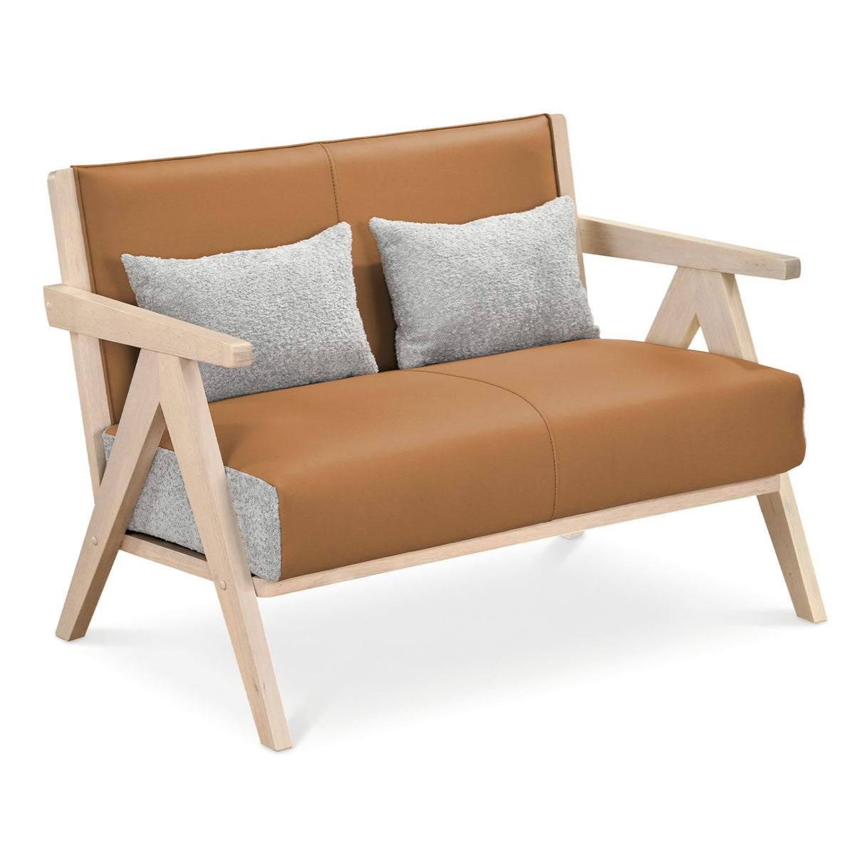 Loveseat Sofa for Small Spaces with Throw Pillows Rubber Wood Frame Padded Seat-Brown