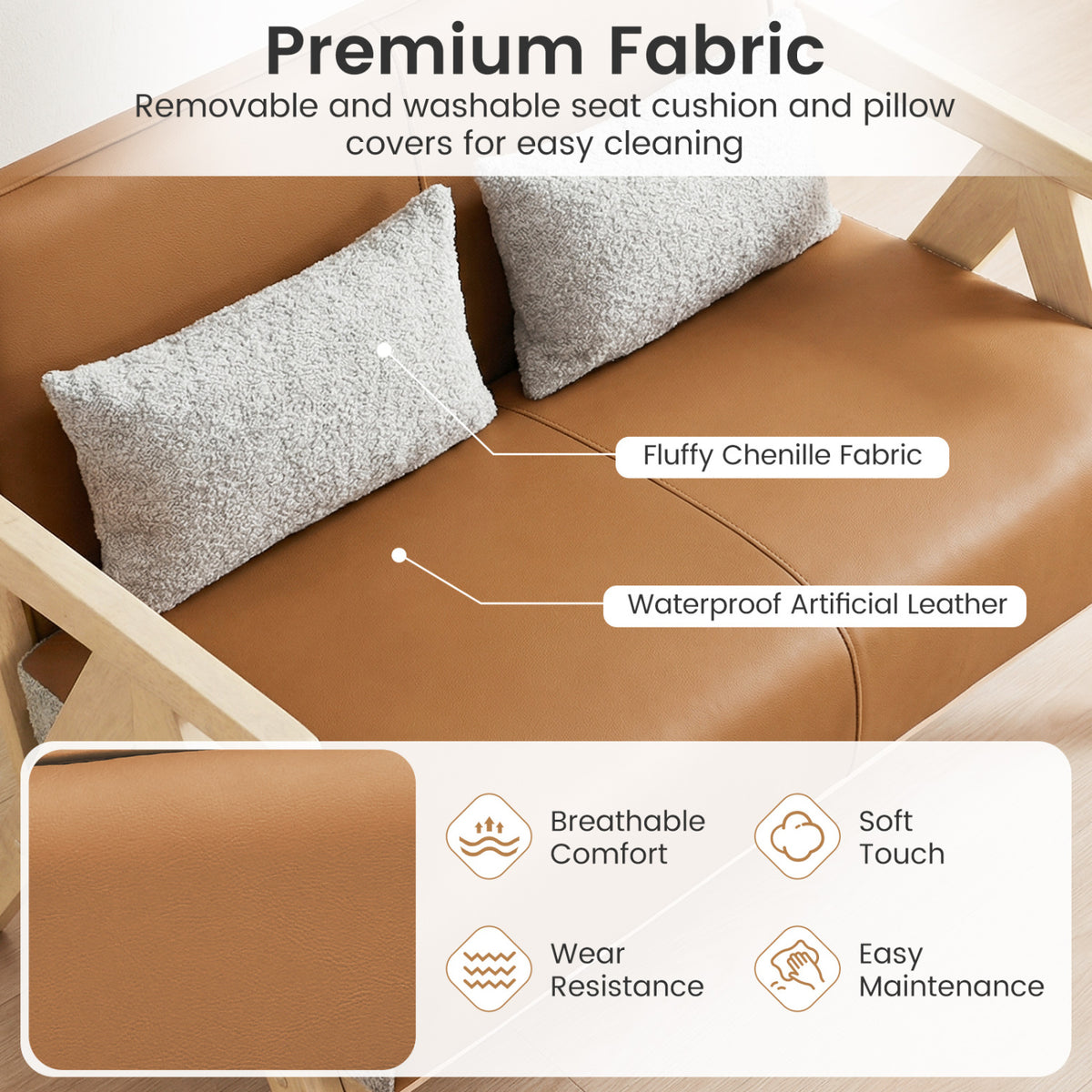 Loveseat Sofa for Small Spaces with Throw Pillows Rubber Wood Frame Padded Seat-Brown