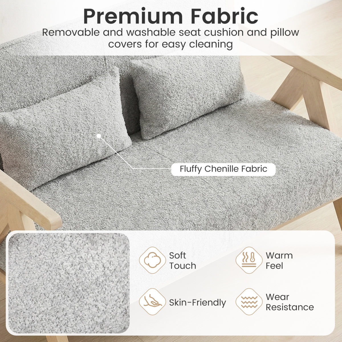 Loveseat Sofa for Small Spaces with Throw Pillows Rubber Wood Frame Padded Seat-Gray