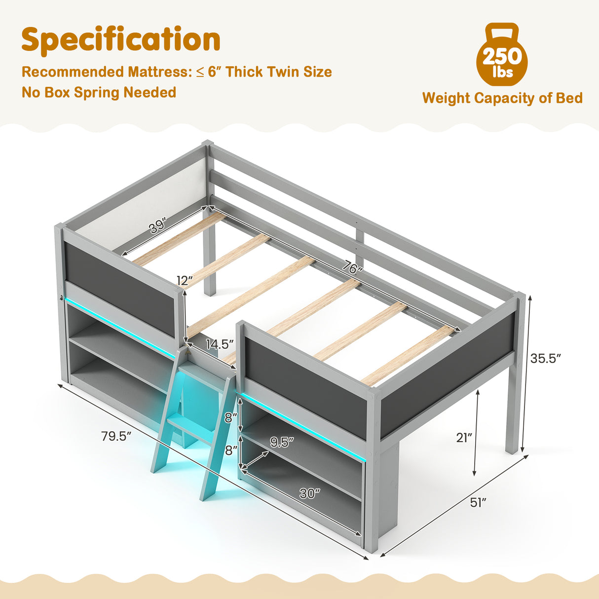 Low Loft Bed with LED Lights Kid's Cabin Bed with Bookcases-Gray
