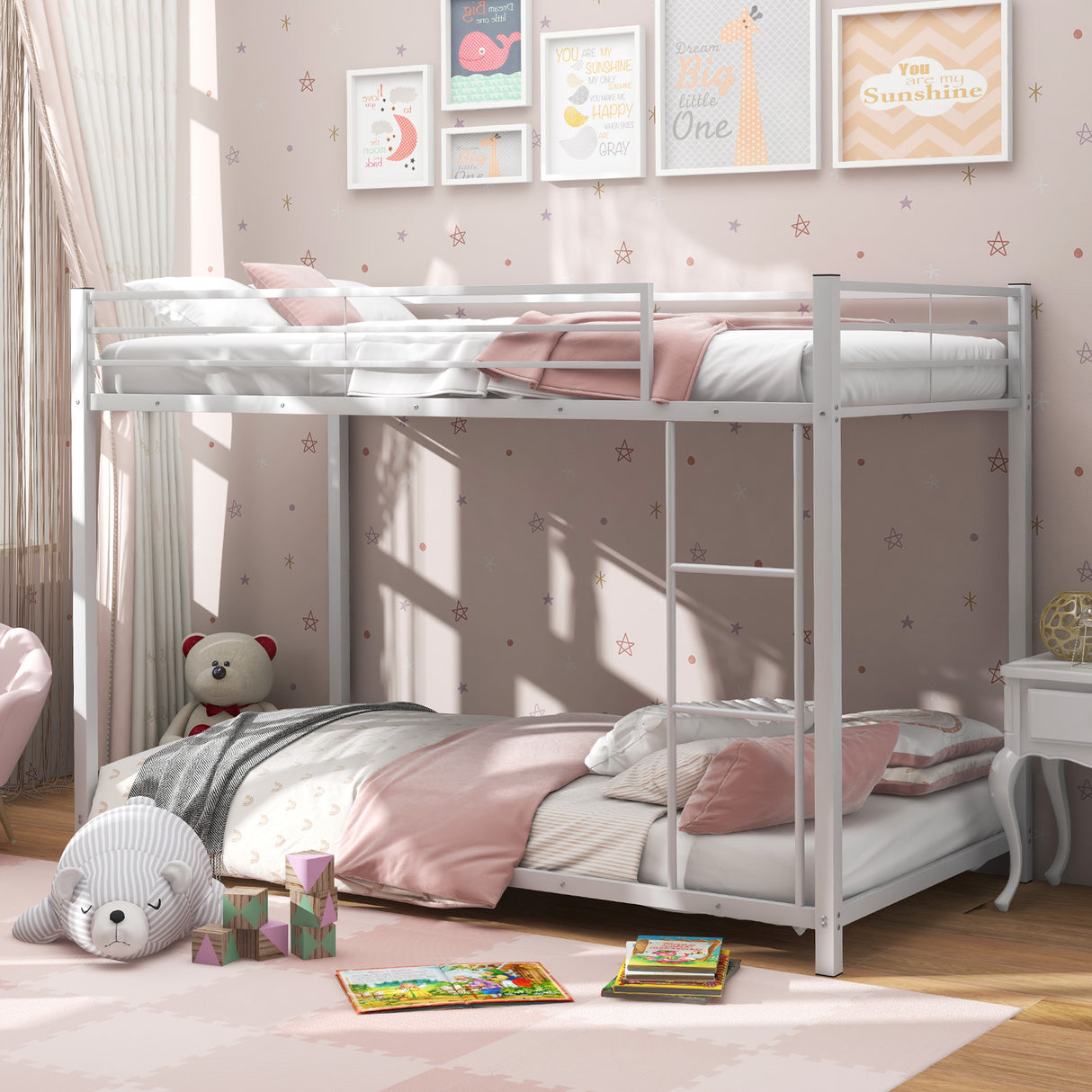 Low Profile Twin Over Twin Metal Bunk Bed with Full-length Guardrails-White