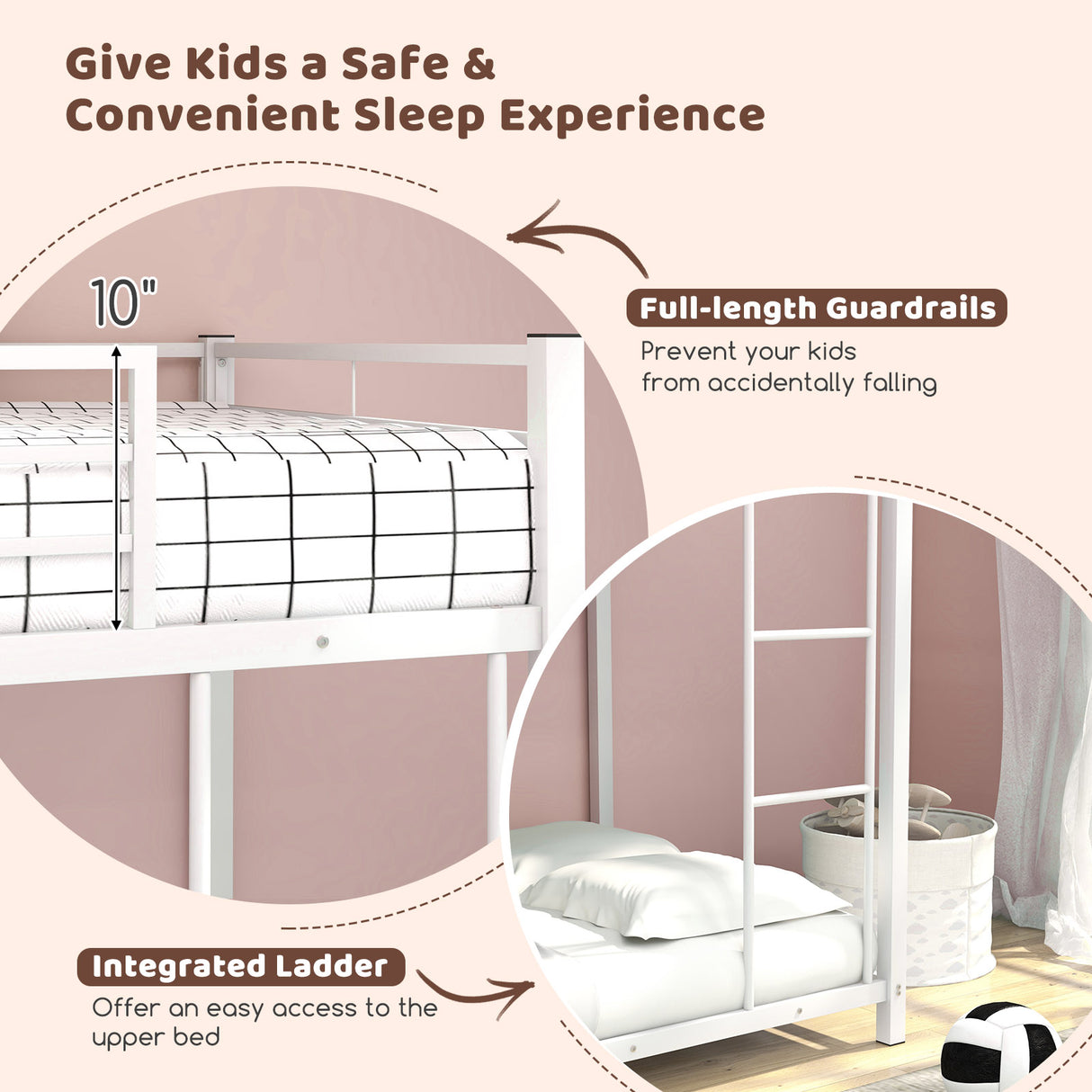 Low Profile Twin Over Twin Metal Bunk Bed with Full-length Guardrails-White