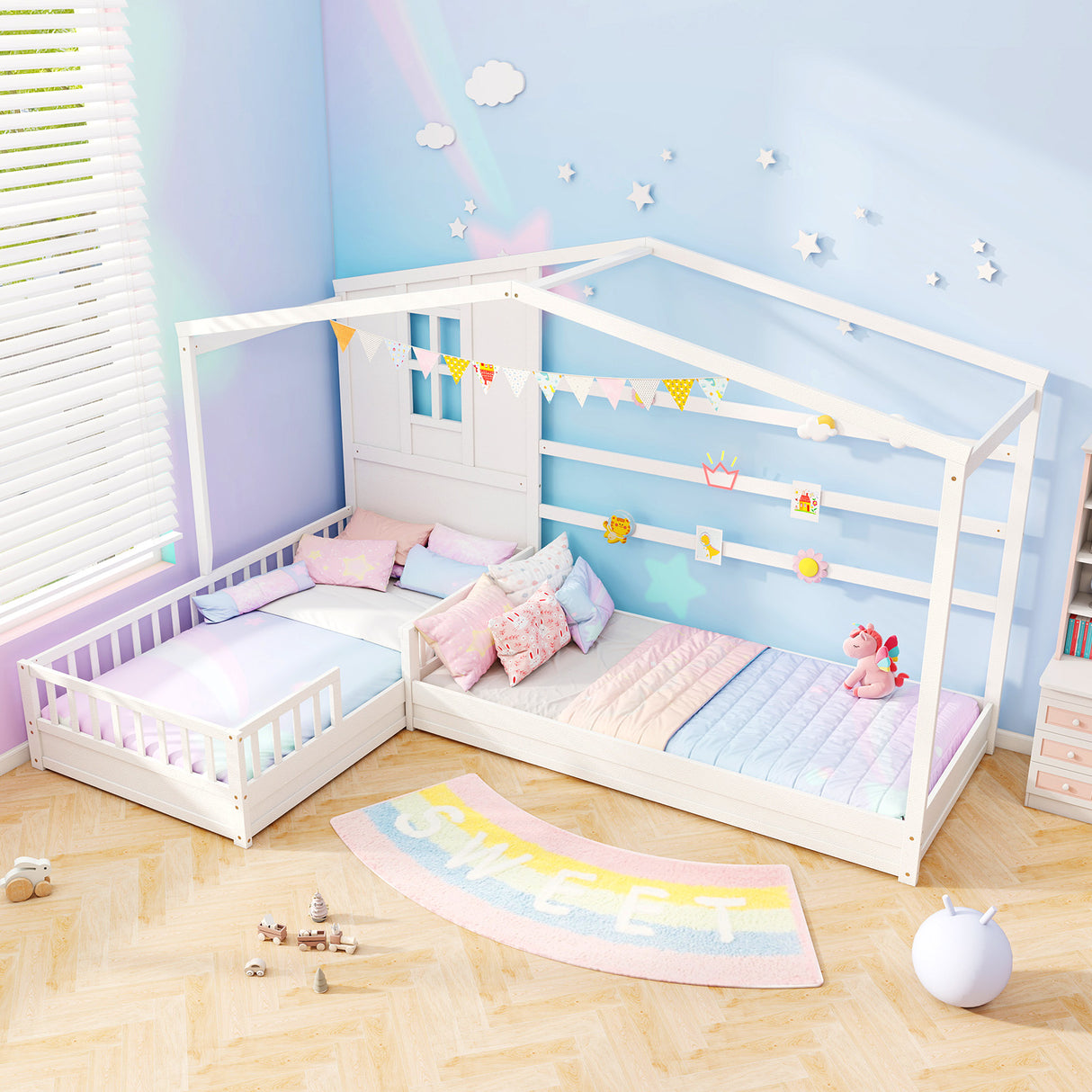 L-shaped Double Twin Beds House Platform Beds with Fences Corner Bed Frame-White