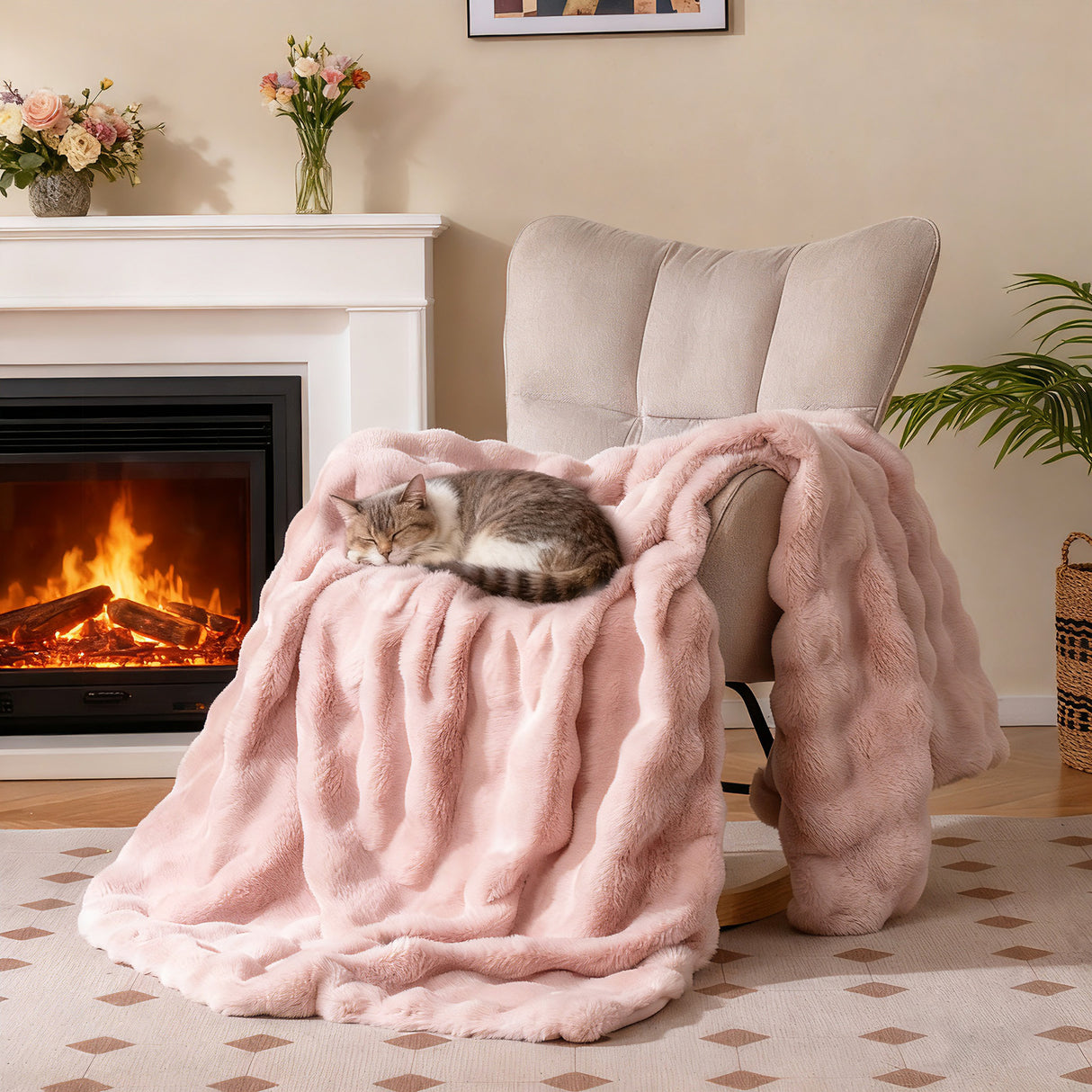 Luxury Fuzzy Plush Rabbit Fur Bubble Blanket for Armchair-Pink