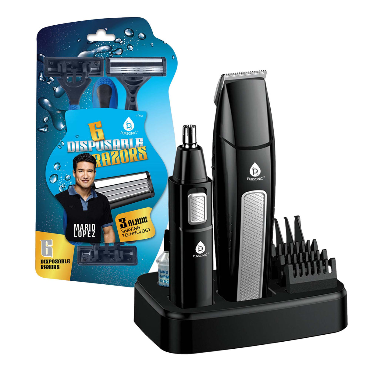 Mario Lopez Ultimate Grooming Set – 10-Piece Hair, Beard & Body Grooming Kit + Disposable Razors by Pursonic