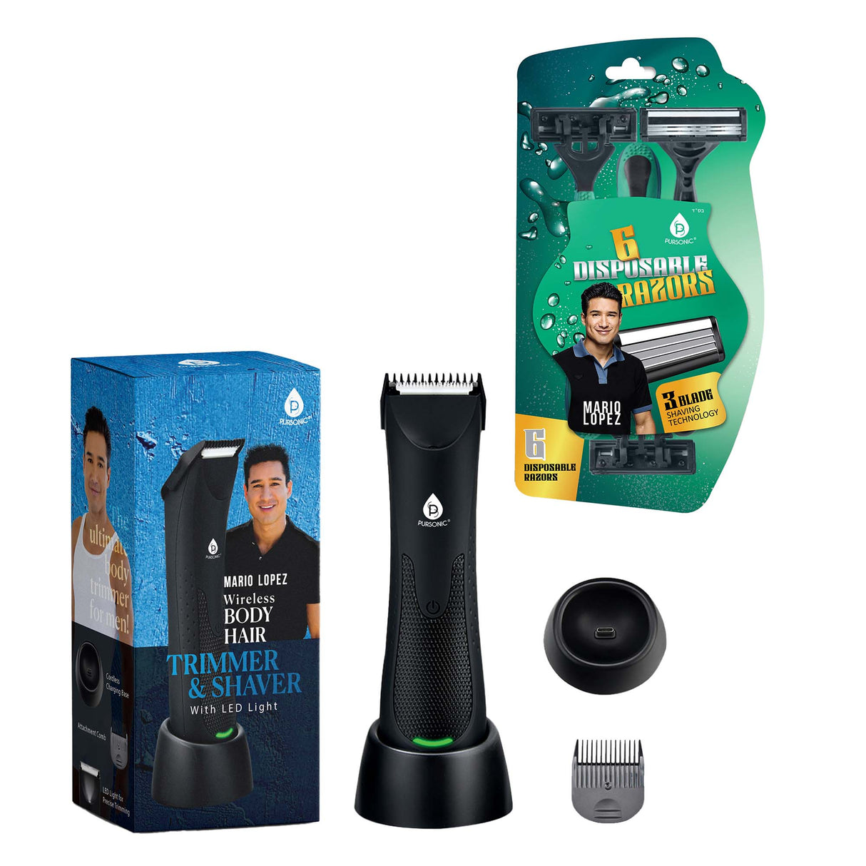 Mario Lopez Wireless Body Hair Trimmer & Shaver and Mario Lopez Disposable Razors - 3 Blade Shaving Surface Technology by Pursonic