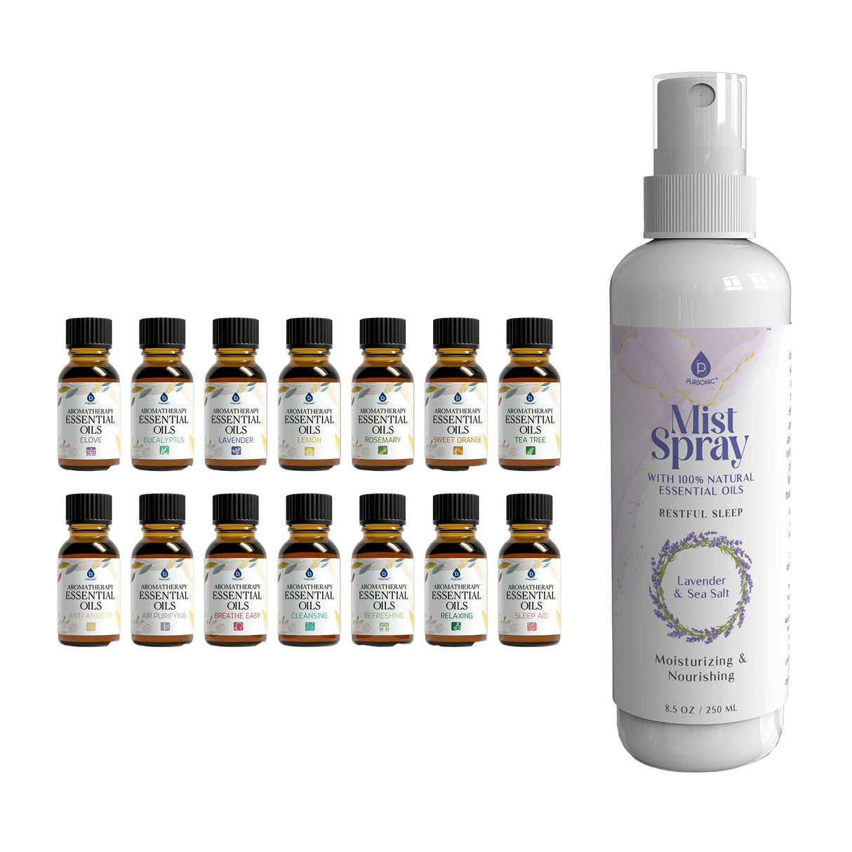 Pursonic Lavender & Sea Salt Mist Spray + 14-Pack Essential Oil Gift Set for Aromatherapy & Wellness by Pursonic