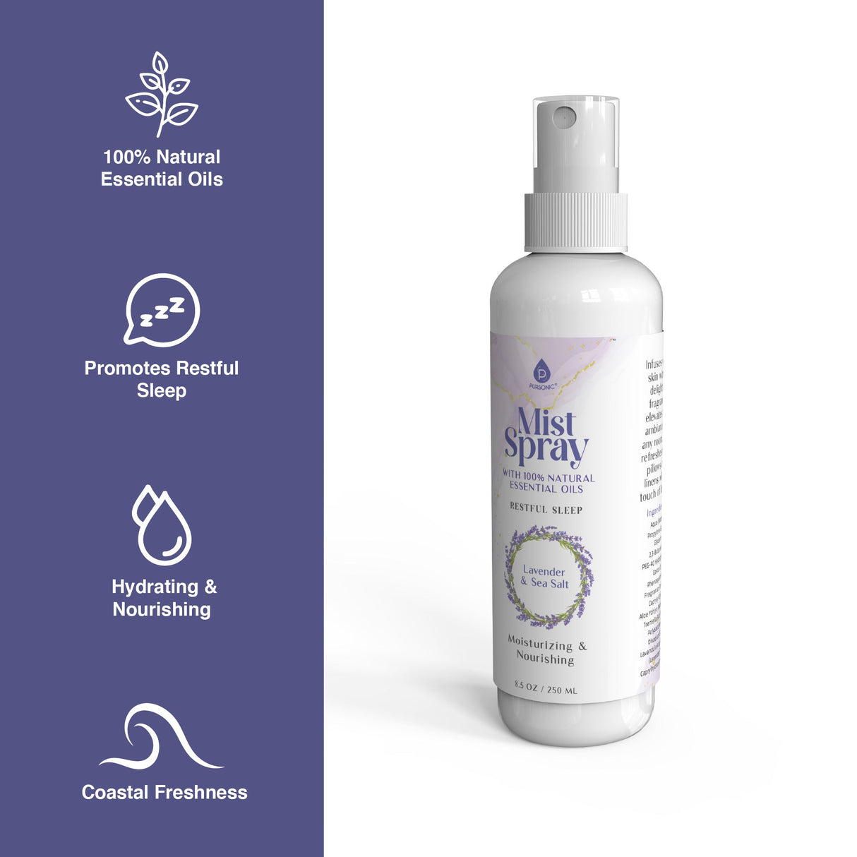 Mist Spray with 100% Natural Essential Oils – Lavender & Sea Salt Aromatherapy by Pursonic