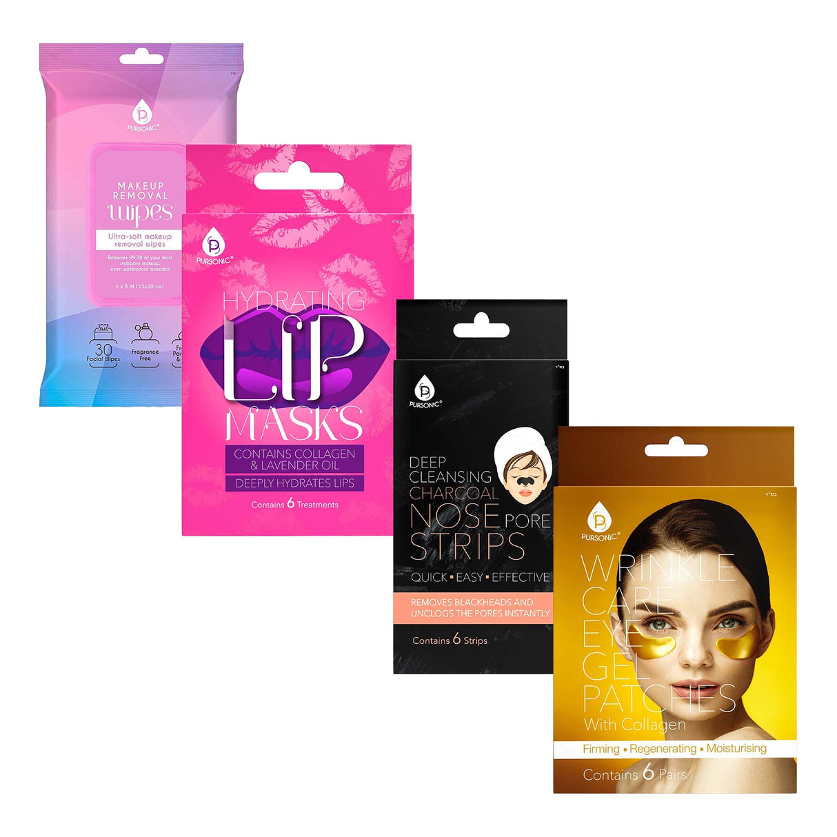 Pursonic Radiant Skin & Lip Care Bundle – Makeup Removal Wipes, Wrinkle Care Eye Gel Patches, Hydrating Lip Masks, & Deep Cleansing Charcoal Nose Strips by Pursonic