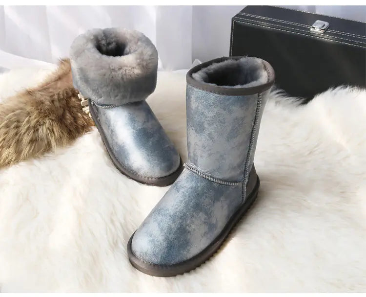 Genuine White Waterproof Women's Sheepskin Snow Boots