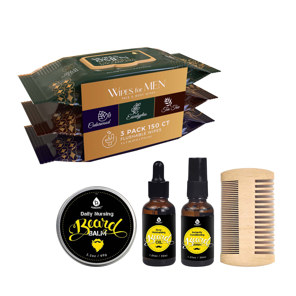 Men’s Grooming Essentials Bundle – Assorted Face & Body Wipes (3-Pack, Cedarwood, Tea Tree, Eucalyptus) + Pursonic Beard Care Grooming Kit by Pursonic