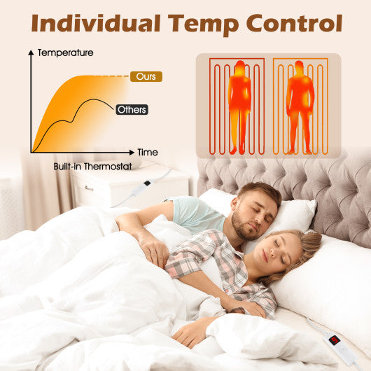 Machine Washable Electric Bed Warmer with Dual Controller 9 Heat Setting and 9-Hour Auto Off and Overheat Protection-Full Size