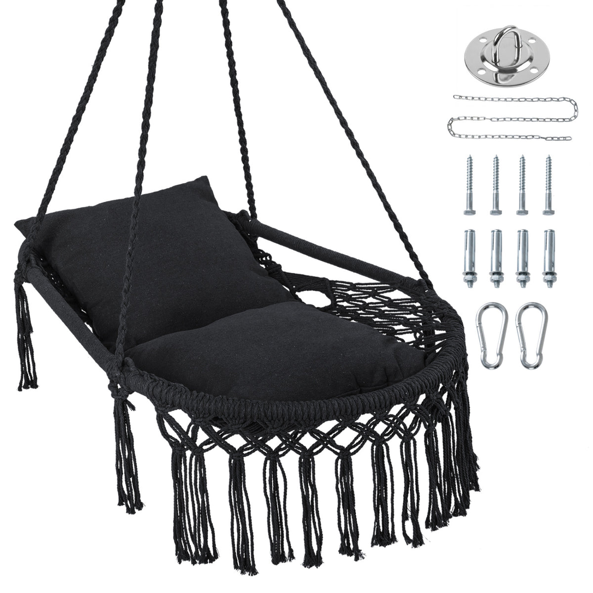 Macrame Swing Chair Hammock Chair with 2 Removable Cushions-Black
