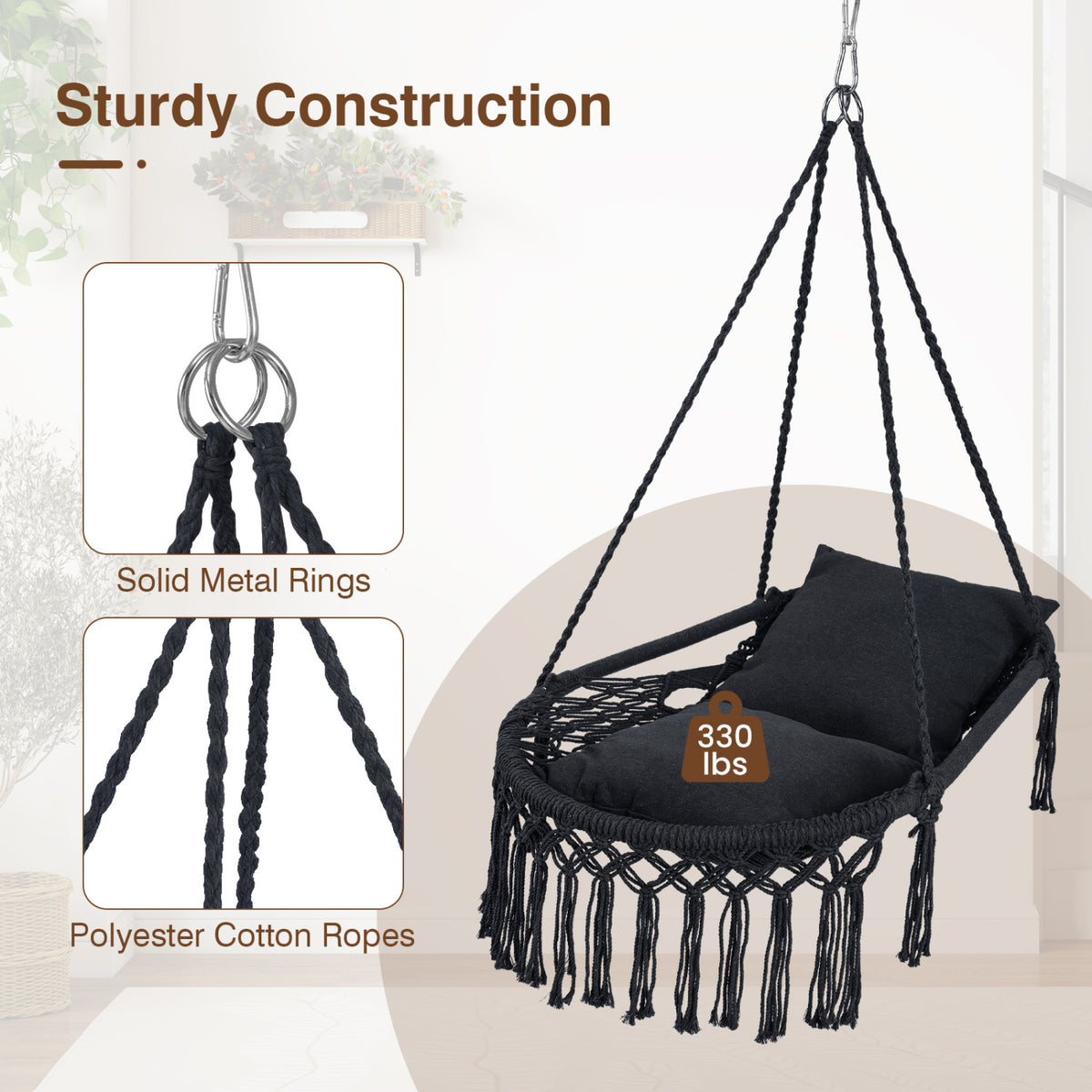 Macrame Swing Chair Hammock Chair with 2 Removable Cushions-Black