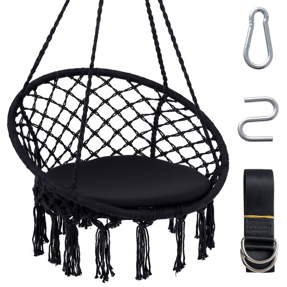 Macrame Swing Chair Hammock Chair with Round Seat Cushion-Black